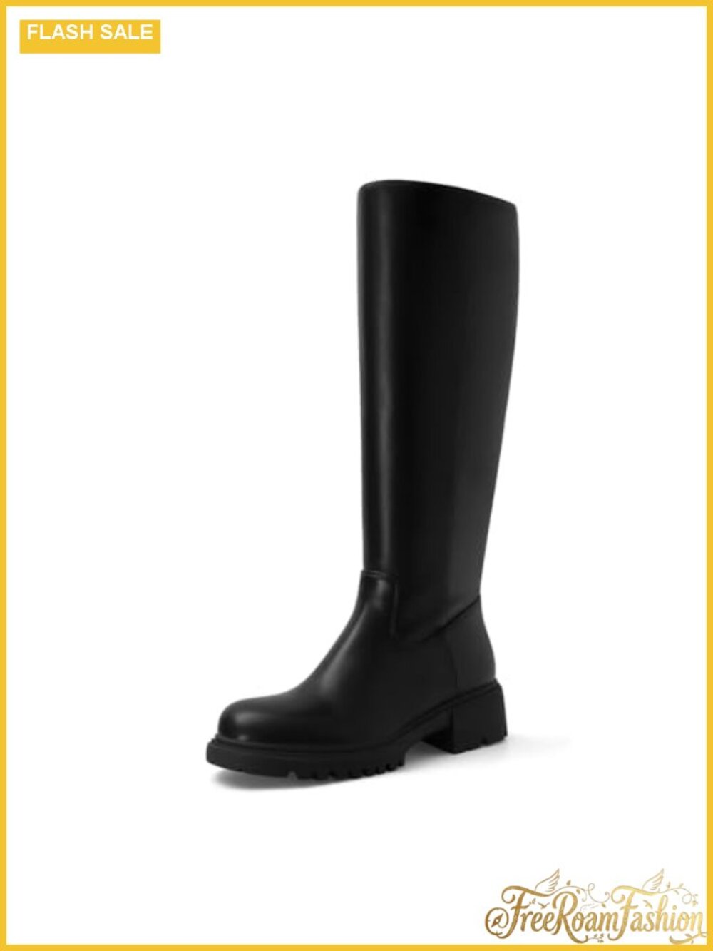 Knee High Boots Round Toe Chunky Heel Platform Side Zipper Faux Leather